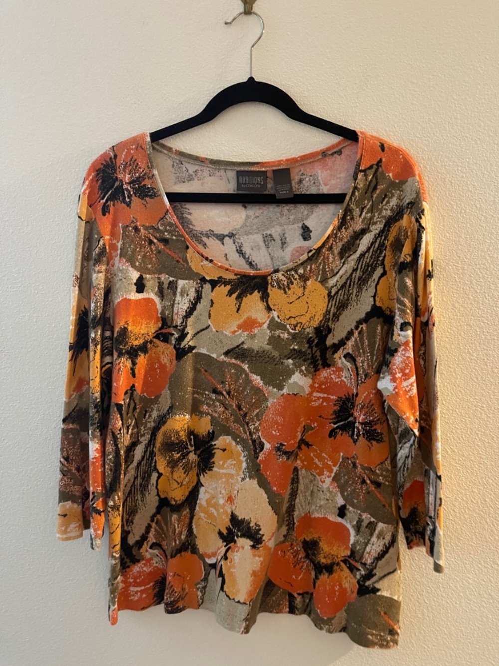 Chico's Orange, Tan & Yellow Floral Scoop Neck Long Sleeve Top